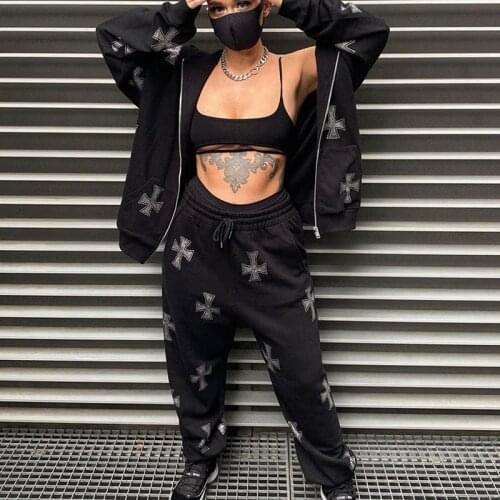 High Street Retro American Rhinestone Hot Rhinestone Cross Jacket Black White Cardigan Hooded Sweatshirt Womens Pants Set Y2k