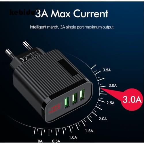 Digital Display USB Charger 3 Port 3A Max Smart Fast Charger For iPhone Samsung Xiaomi Phone Travel Wall Charger Adapter EU Plug
