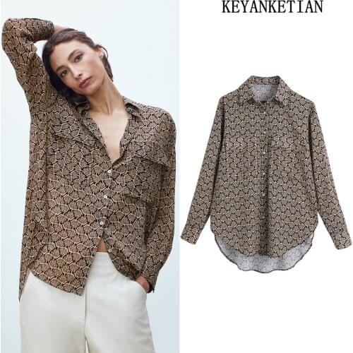 KEYANKETIAN Za Womens Leaf Print Shirt Long Sleeve 2021 Retro Print Shirt Fashion Women Office Ladies Top Blusas Mujer