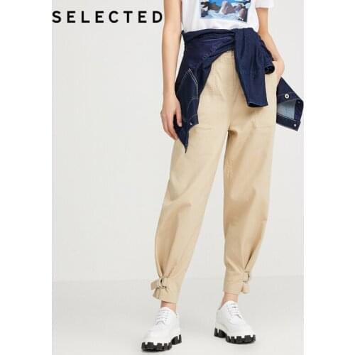SELECTED Womens Straight Tie-feet Cropped Pants Cotton-blended Casual Trousers R|420114508【+Store Coupon :10-2/15-4/25-6