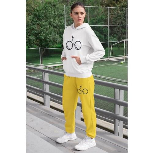 Angemiel Wear HP Glasses Women Tracksuit Set White Hooded Sweatshirt Yellow Sweatpants