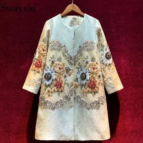 Svoryxiu Vintage Jacquard Flower Print Autumn Winter Long Overcoat Outwear Womens luxury Crystal Beaded Plus Size Jackets Coat