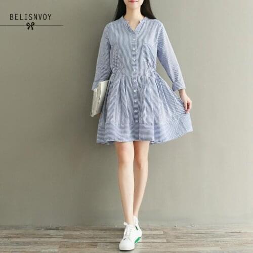 Mori Girl Spring Autumn Women Dresses V-neck Blue Striped Vintage Femininos Vestidos Elegant Long Sleeve Cotton Linen Dress