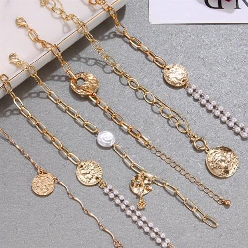 2020 New Korean Simple Gold Metal Plated Human Head Coin Pearl Portrait Leaf Bracelets for Women Girl Bangle Party Gift
