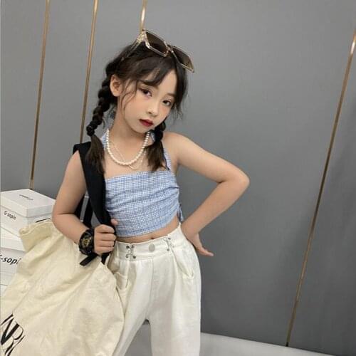 2021 hot sale girls plaid t-shirt cotton summer fashion girls vest 6-12t B320