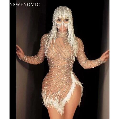 2021 Rhinestones Pearls Fringes See Through Dress Evening Birthday Celebrate Transparent Dress Stage Performance Outfit Costume