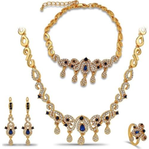 New Design Water Drop Gold Plating Blue Crystal Necklace Earring Bracelet Ring 4 Pcs Sets For Wedding Party