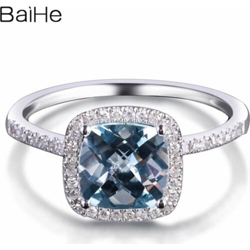 BAIHE Solid 14K White Gold 1.2CT Aquamarine 0.20ct Natural Diamonds Wedding Trendy Fine Jewelry Gift Aquamarine Ring for Women