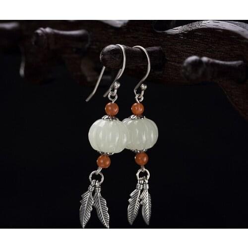 2018 Real New Brinco Real S925 Pure Restoring Ancient Ways Ms Hetian Jade Bai Yuna Mosaic Leaf Pendant Earrings Wholesale