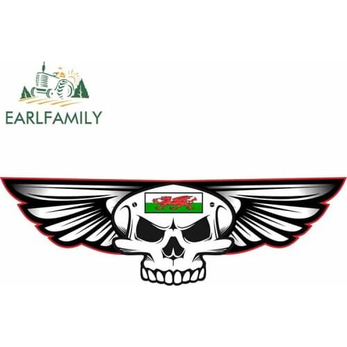 EARLFAMILY 15cm x 5cm Gothic Skull with Wings with Wales Welsh Cymru Flag Retro Biker Vinyl Car Sticker Trunk Window Decal