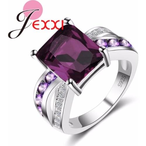 Classic Women Wedding Accessories Real 925 Sterling Silver Jewelry Square Pattern Ladies Delicate Finger Ring Purple Color