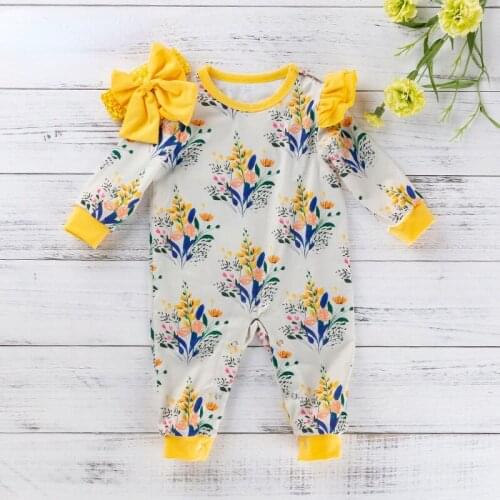 Baby Girls Boys Romper + Headband Outfit Ruffles Long Sleeve Floral Printed Infant Rompers Newborn Jumpsuit Clothes
