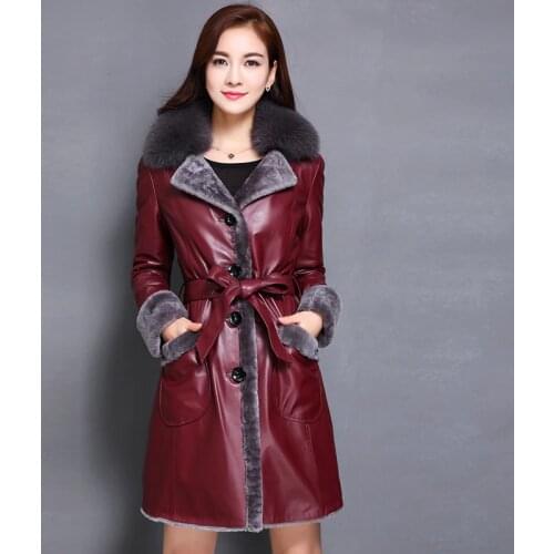 Leather 2020 Winter Genuine Women Long Sheepskin Coat Natural Wool Shearling Jacket Fox Fur Collar 4207