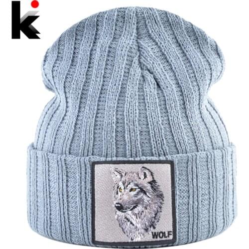 Mens Beanie With Wolf Patch Autumn Knitted Skullies Caps Women Winter Soft Knit Bonnet Beanies Fashion Hip Hop Gorras Hats