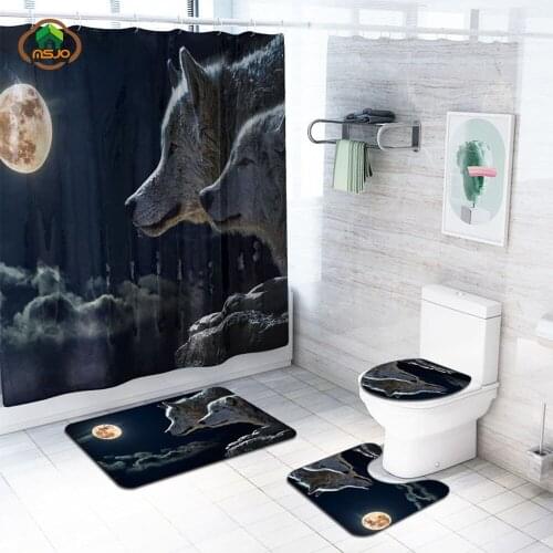 MSJO Shower Curtain Set 3D Waterproof Animal Beast Bath Mat Shower And Curtain Set 4pcs Toilet Lid Covers Bathroom accessories