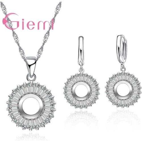 Jewelry Sets Classic Double Round Silver Necklace Earrings Jewelry Sets Clear Zircon Women Bijoux Free Shipping