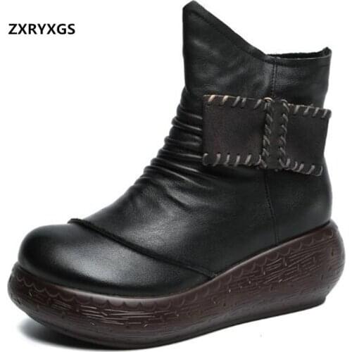 New 100% Top Cowhide Thick Bottom Wedges Ankle Boots Warm Winter Boots Women Leather Boots Classic Heighten Shoes Womans Boots
