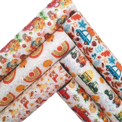 Autumn Rainbow Trucks Pumpkins Printed Chunky Glitter Faux Vinyl Fabric with Felt Backing Earrings Bows DIY 21X29CM GM2173A