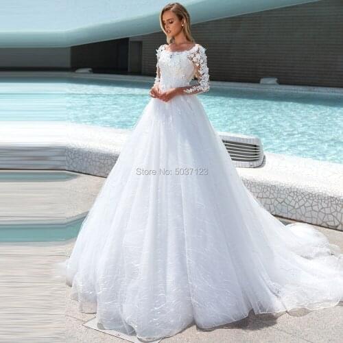 Luxury Long Sleeves Off the Shoulder Wedding Dresses A Line Lace Appliques Court Train Formal Bridal Gowns Vestido De Noiva