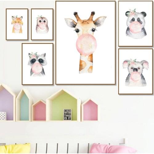 Pink Bubble Flower Animal Baby Poster Nursery Fox Panda Koala Canvas Print Wall Art Painting Nordic Picture Kids Room Decoration