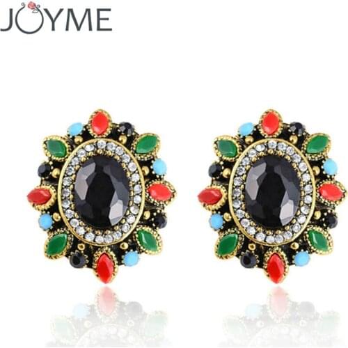 Joyme Vintage Look Gold BohoTurkey Ethnic Stud Earings For Girls Clip Big Charm Black Crystal Earrings Women Jewelry Brincos New