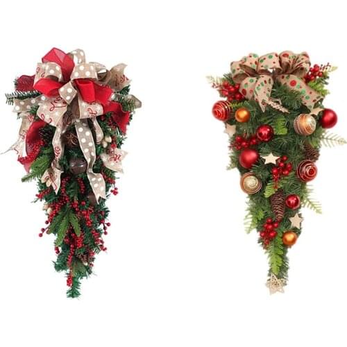 Swag Wreath Ribbon Pine Cone Door Mount Teardrop Swag & 23.6 Inch Farmhouse Artificial Christmas Teardrop Swag
