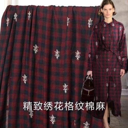 The Cloth Red Black Plaid Embroider Flower Cotton Linen Garment Materials Spring Dress DIY clothes fabrics Freeshipping