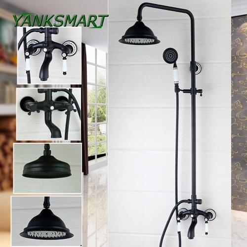 YANKSMART Vintage Bathroom Black Shower Set Wall Mounted 8 Inch Rainfall Shower Mixer Tap Faucet 3-functions Mixer Valve Sets