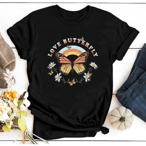 Love Butterfly Print 90s Women Cotton Tshirt Harajuku Fashion Summer Sweet Love Kawaii Tee Shirt Female Graphic T-shirt Clothing