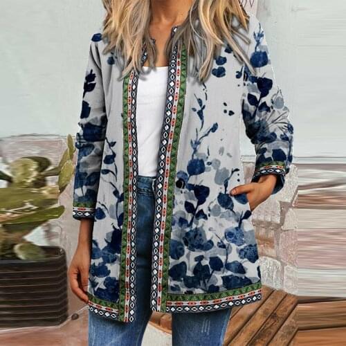 2021 Autumn Winter Warm Pockets Casual Outerwear Retro Ethnic Print Windbreaker Jacket Women Elegant Stand Collar Cardigan Coats