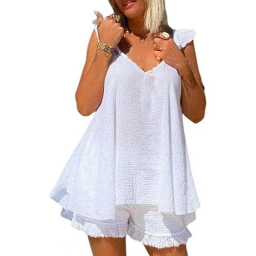 1 Set Women Sling Top Shorts Set 2021 Irregular Off Shoulder Two-piece Solid Color V Neck Camisole Shorts Streetwear