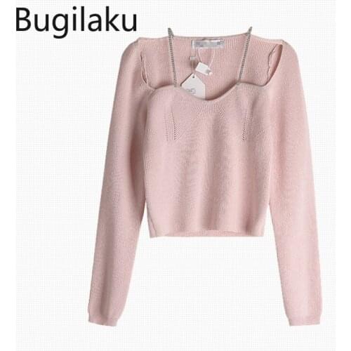 Bugilaku Diamonds Long Sleeve Knit Pullover Jumpers Slim Fit All-match Solid Color Fashion Sweater Korean Streetwear Pull Femme
