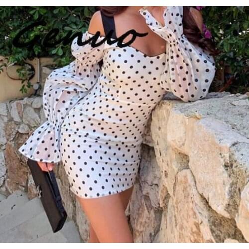Genuo New V Neck Polka Dot Sexy Dress Women Ruffles Autumn Elegant Mini Dress Winter Party Club Lantern Sleeve Bodycon Dress