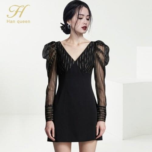 H Han Queen Elegant V-Neck Mesh Splicing Office Pencil Dress Women Simple Sheath Dresses Casual Party Bodycon Vestidos Autumn