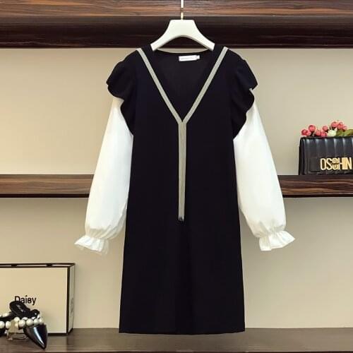 4XL plus size women elegant vintage sweater dress autumn winter 2021 long Sleeve v neck Patchwork kintting Office short dresses