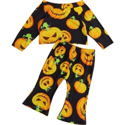 2021 0-3Y Halloween Kids Baby Girl Clothing Set Off Shoulder Pumpkin Print Long Sleeve T-shirt+Flare Pants Summer Outfits 2pcs