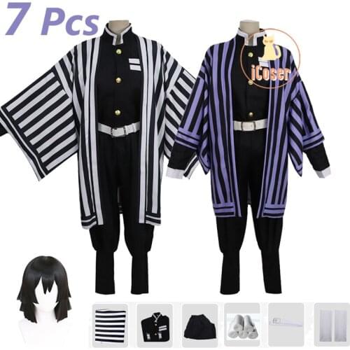 7 PCS Obanai Iguro Cosplay Costume Demon Slayer Kimetsu no Yaiba Battle Suit Kimono Halloween Party Uniform Carnival Black Wig
