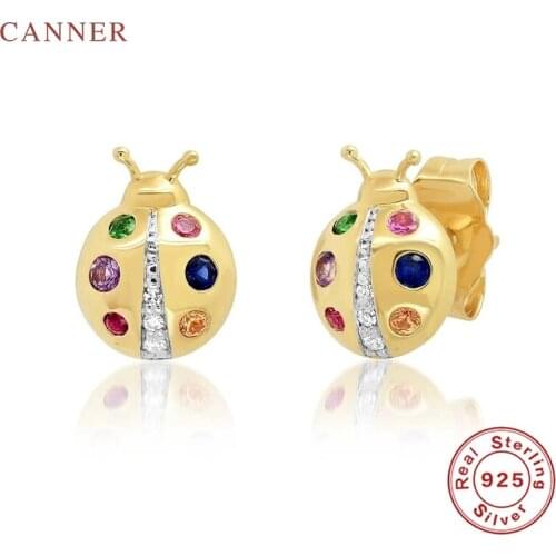 CANNER Earrings For Women 925 Sterling Silver Pendientes Ins Color Ladybug Piercing Stud Earrings Zircon Fine Jewelry Joyero