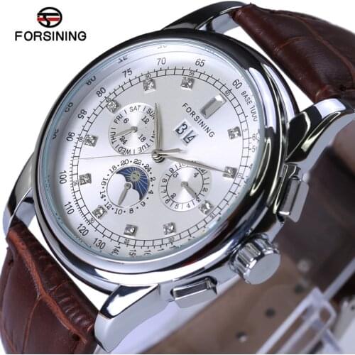 Forsining Moon Phase Mechanical Men Watch Silver Case Brown Genuine Leather Strap Mens Watches Top Brand Luxury Automatic Watch