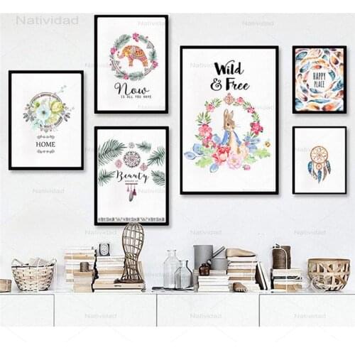 Home Decor Print Colorful Wreath Feather Animals and Letter Pictures Wall Art Nordic Canvas Painting Posters for Living Room
