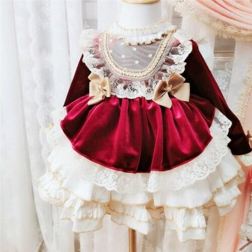 Childrens Lace kids Dressses Autumn Winter Girls Spain Lotia Long sleeve Court Dress Velvet Kids Ball Gowns Baby girl outfit