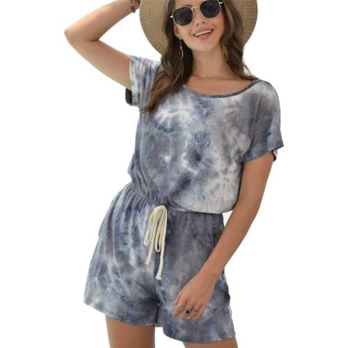Hot Sale Women Summer Playsuits Short Tie-dye Jumpsuit Girls Short Sleeve Cotton Romper Loose Lace Up Beach Playsuit Plus Size