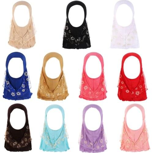Children Kids Muslim Small Girl Hijab With Lace Flower Pattern Islamic Scarf Shawls Stretch 56cm 7-11 Years Old