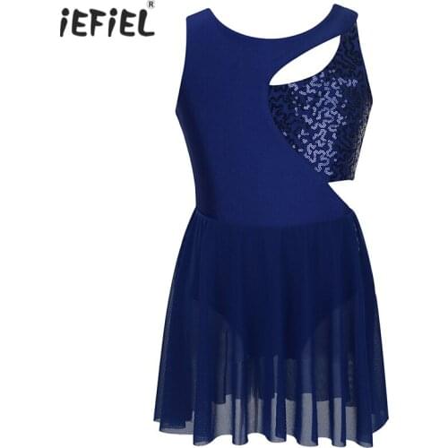 IEFiEL Kids Girls Sleeveless Asymmetrical Tutu Ballet Dress Dancewear Shiny Sequin Figure Ice Roller Skating Leotard Stage Dress