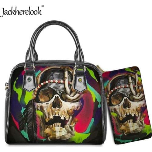 Jackherelook Cool Skull Print Womens Luxury Handle Bag Clutch Wallet 2pcs/Set Female Shoulder Bag Purse for Lady bolsa feminina