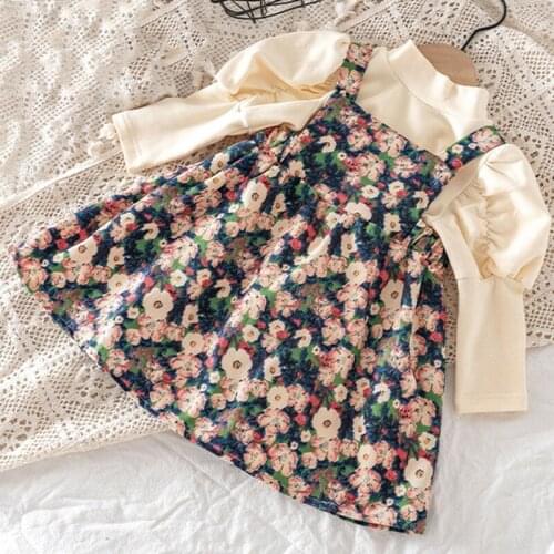 Girls' Clothes Sets New Fashion Solid Color Puff-Sleeve Top + Sling Floral Dress 2Pcs Autumn Casual Kids Clothes Outfit