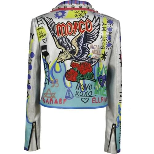 Spring Autumn graffiti beading Women pu Leather Jacket Punk Style Motorcyle embrodiery leather Jackets Coats Streetwear Y538