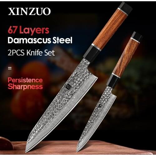XINZUO 2PCS Kitchen Knife Set Damascus Steel VG10 Steel Knives Tools Utility Chef Knives Cutter Tools Desert Ironwood Handle