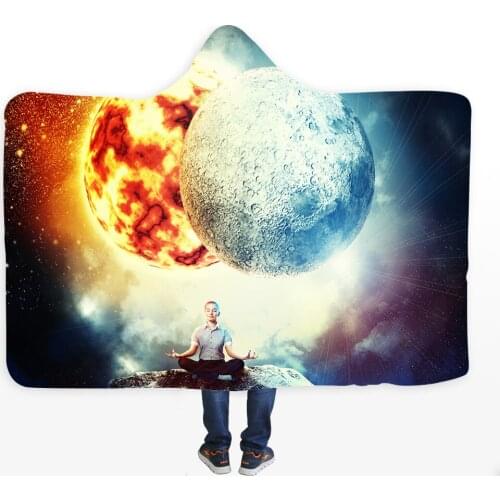 3D Galaxy Hooded Blanket Moon Star Printed Plush Fleece Blanket Warm Soft Wearable Throw Blankets Hoodie For Adults Bed Decor