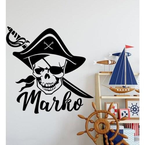 Pirate Wall Decal. Skull and Swords Vinyl Sticker. Personalized custom Name Wall Art. Man Cave. Teen Game Room Decor. A01-046